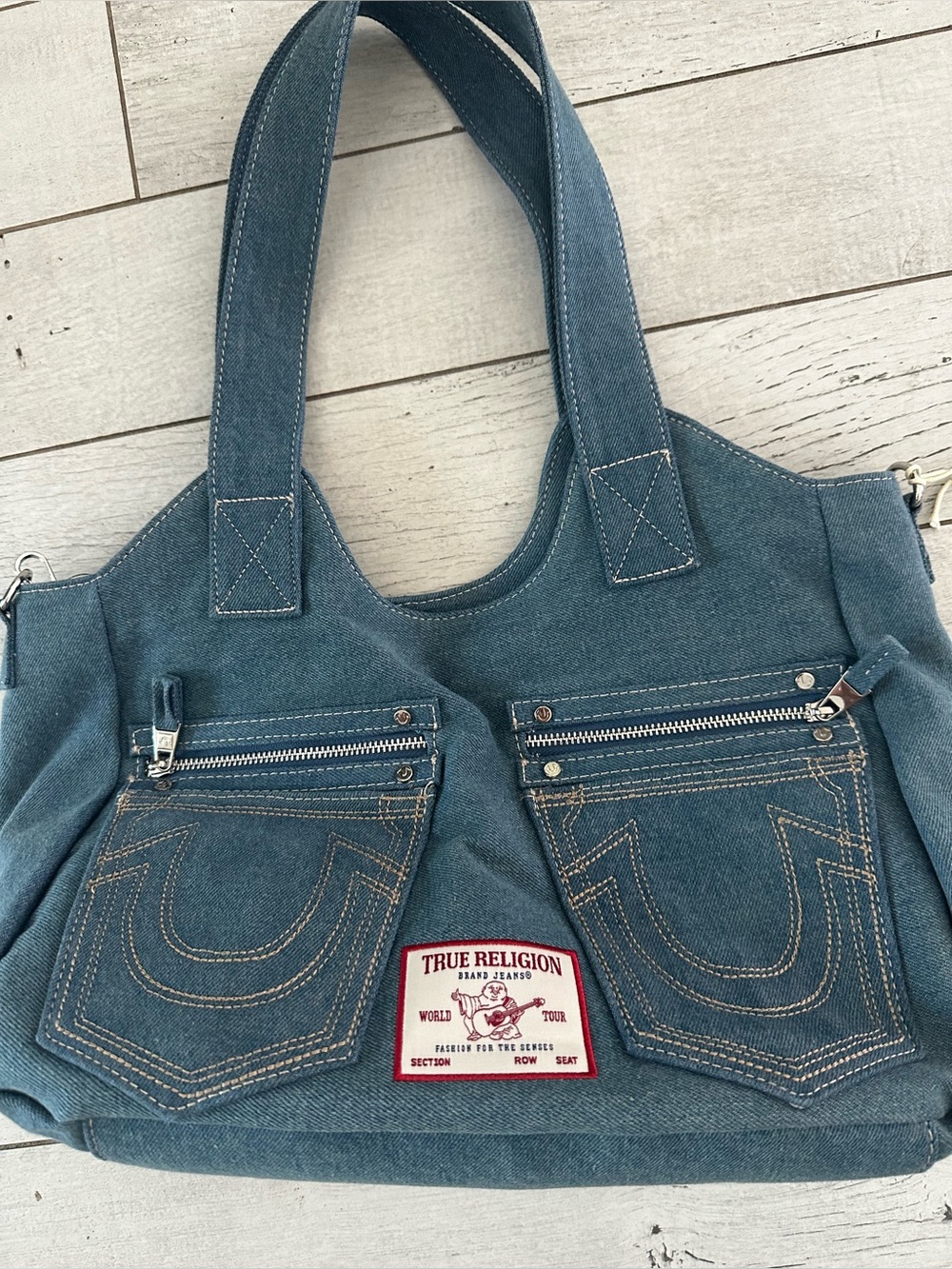 True Religion Teal Denim Tote with Front Zip Pockets